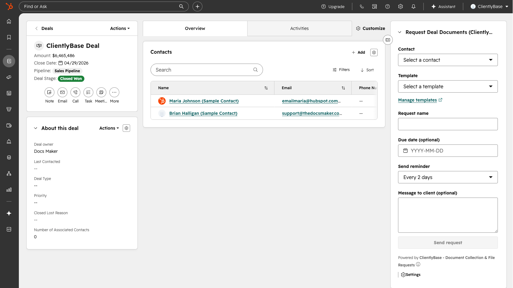 Request documents from HubSpot Deal record