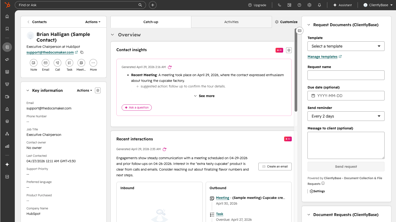 Request documents from HubSpot Contact record